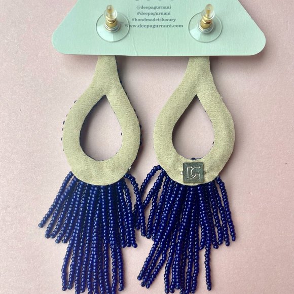 NWT Deepa Gurnani Anthropologie Beaded Fringe Chandelier Earrings Navy Blue - Picture 4 of 7